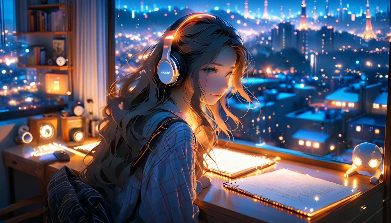 Beautiful girl studying in her room while listening to music with headphones、long hair、Warm indirect lighting、Beautiful cityscape from the room window、Japanese anime style、