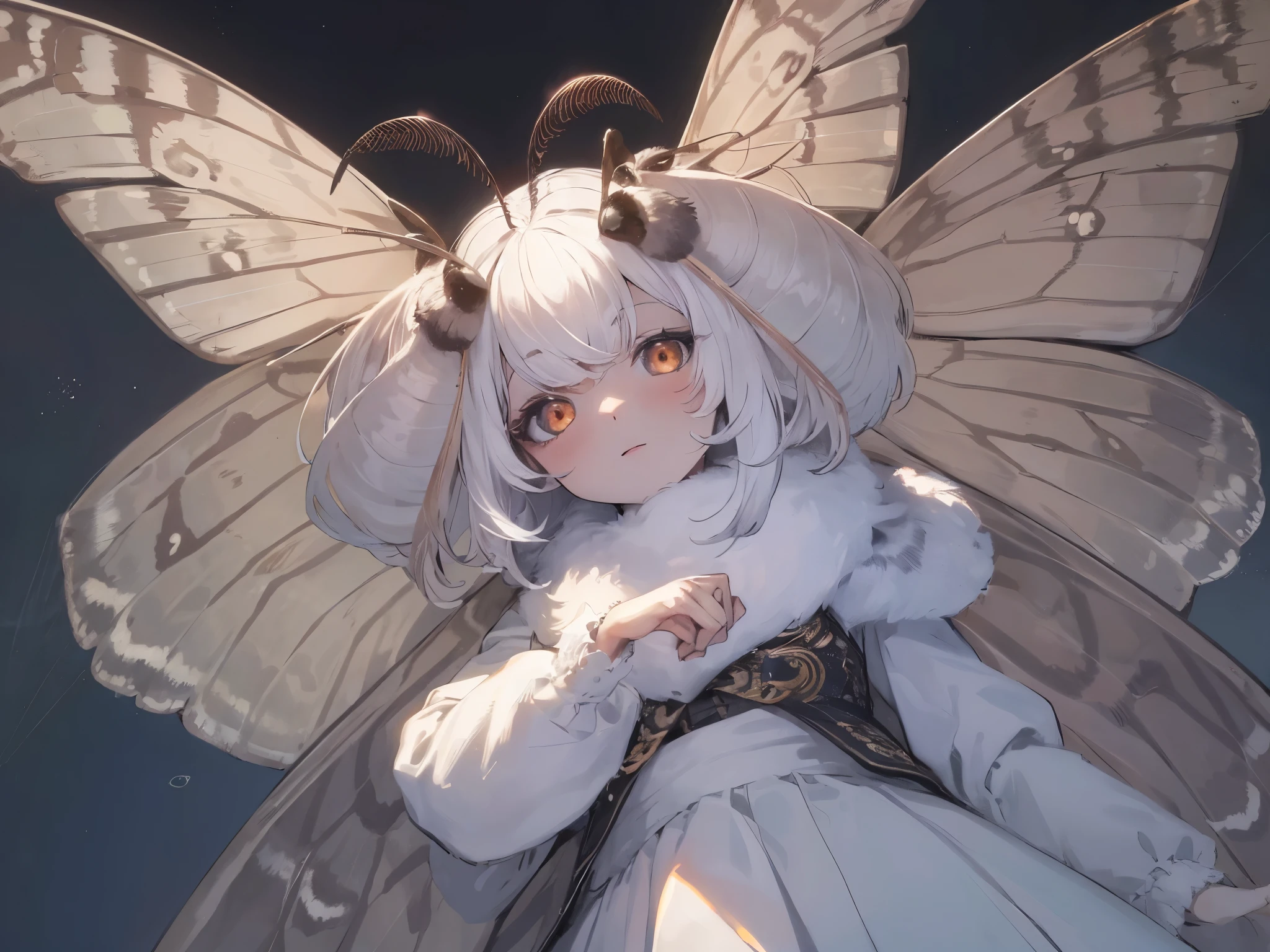 solo,1girl\(cute,kawaii,age of 12,skin color white,short white hair,(big moth wing hair:1.7),white dress\(beautiful race\),(2moth antennaes at hair:1.8),[moth wing on back:2.0],[moth wing on body:2.0],[moth wings:2.0],[extra arm:1.3],moth wing is only at hair,dynamic pose\), BREAK ,background\(dark night,beautiful moon,beautiful stars,((beautiful street lights))\), BREAK ,quality\(8k,wallpaper of extremely detailed CG unit, ​masterpiece,hight resolution,top-quality,top-quality real texture skin,hyper realisitic,increase the resolution,RAW photos,best qualtiy,highly detailed,the wallpaper,cinematic lighting,ray trace,golden ratio,\),(dynamic angle:1.3)