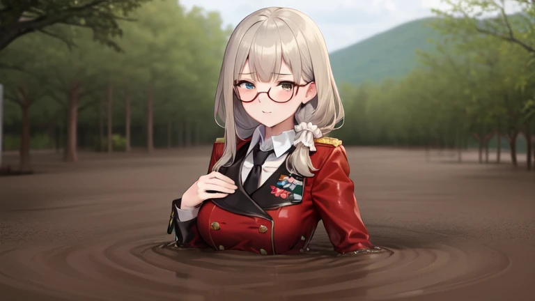 masterpiece, best quality, 1girl, solo, blush, heliandef, monocle, scrunchie, military uniform, red coat, necktie, large breasts, partially submerged, in mud, (flooding up to the chest:1.5), upper body, jungle, bogged,