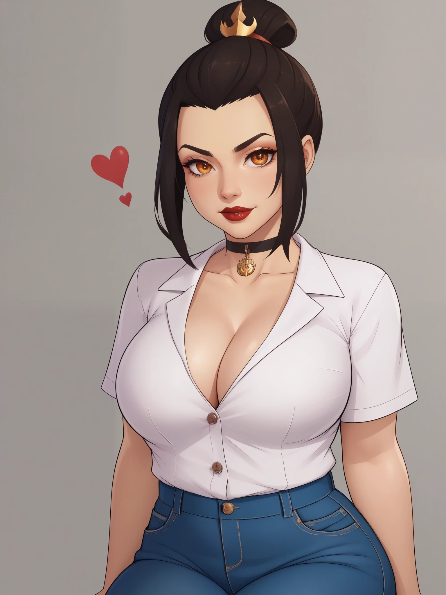 Azula. (a beautiful, young, fair-skinned, amber-eyed and slender girl of medium height. Azula's makeup consists of mascara and red lipstick. Azula also has wavy dark brown hair down to the middle of her back with two additional strands above her shoulders. choker. school uniform. jeans. cardigan. bbw. heart. sitting. school