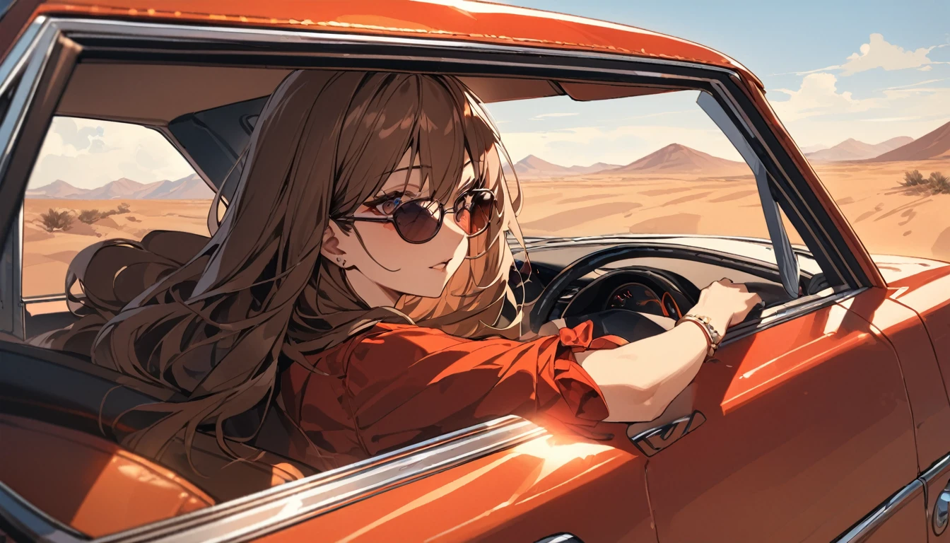 Highest quality,Beautiful woman driving a car,Wearing sunglasses,Brown hair long,Red body,Outside the window is the desert