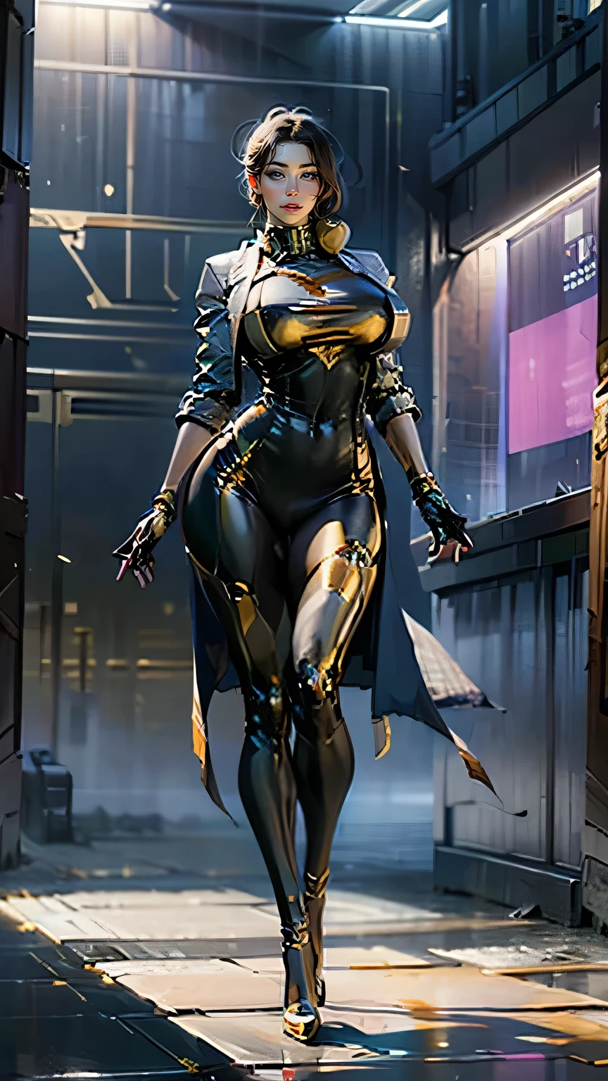 masterpiece, best quality, research professor, full body standing, extremely busty, gold platform pumps, very long legs, large breasts, very thicc, raytraced, tight gold plated black cybernetic bodysuit generously framed in gold, hoop earrings, 1girl, cyberfusion, wearing long white lab coat, orbital station command center background, full gold robotic legs