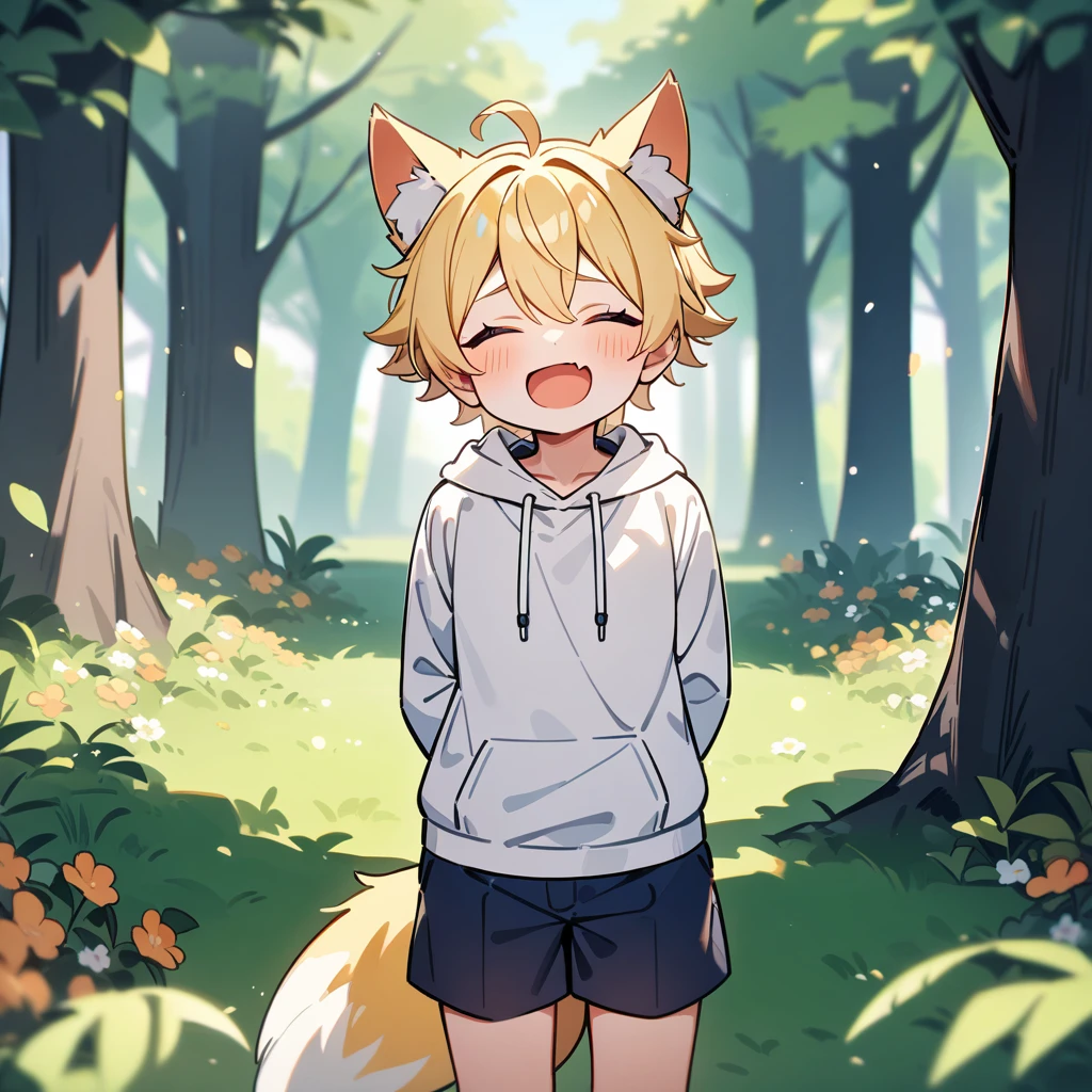 （masterpiece：1.2，high quality），8k，High resolution，A seven-year-old boy，cute boy，blonde hair，short hair， closed eyes， ahoge，cat ears，laughing，skin fang，Wearing a white hoodie，Dark blue shorts，Stand in the forest，There are flowering trees on both sides.，primary school student，thigh，fox tail，alone，((Hands behind your back))