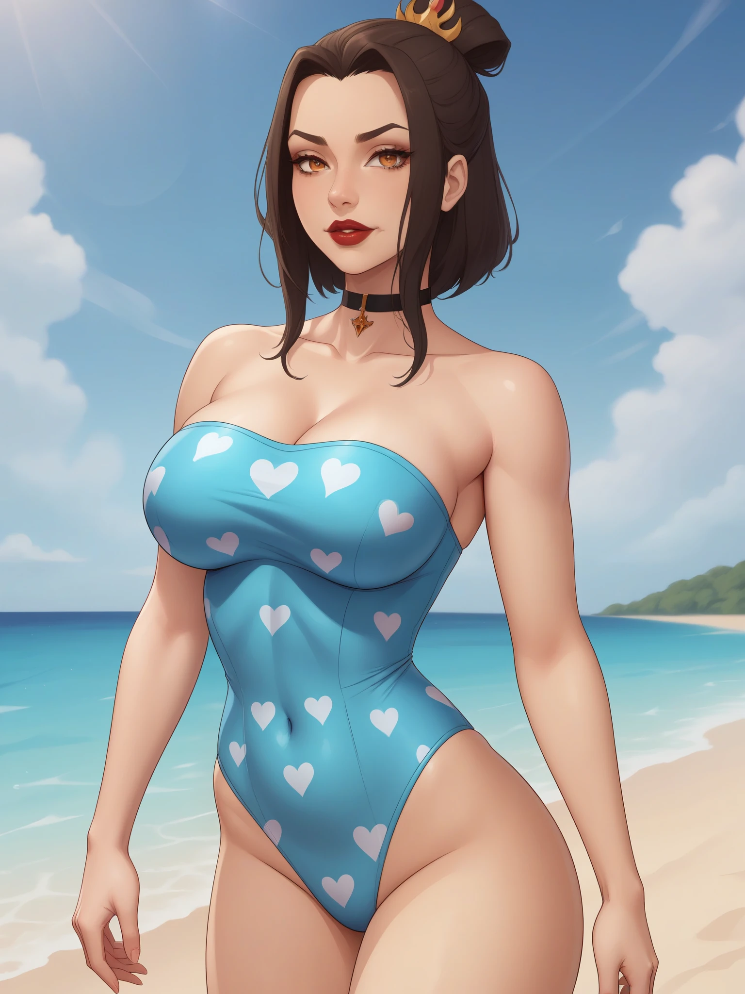 Azula. (a beautiful, young, fair-skinned, amber-eyed and slender girl of medium height. Azula's makeup consists of mascara and red lipstick. Azula also has wavy dark brown hair down to the middle of her back with two additional strands above her shoulders. choker. heart print one-piece swimsuit. bbw. beach