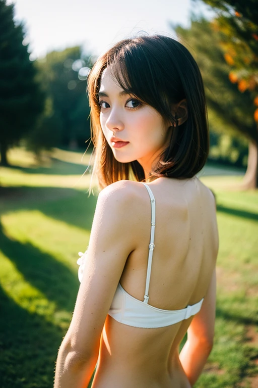 ((top-quality、8K、masterpiece: 1.erfect Body Beauty: 1.4、Slender Abs: 1.2、Beautiful woman with slender abs:1.3、(Highlight Haircutreast B Cup:1.2), medium breast, round shape breast, perfect shape breast, ((lingerie )), necklace, hyperdetailed face、18year old、 Pretty women、(Dark brown short-cut hair), Slim Face、Highly detailed facial and skin texture、very detailed lips、opens legs、top-quality、masterpiece、超A high resolution、(Photorealsitic:1.4), walked forward confidently, long shot (((back view))) , (in park with blur background), bright background, sunset light,