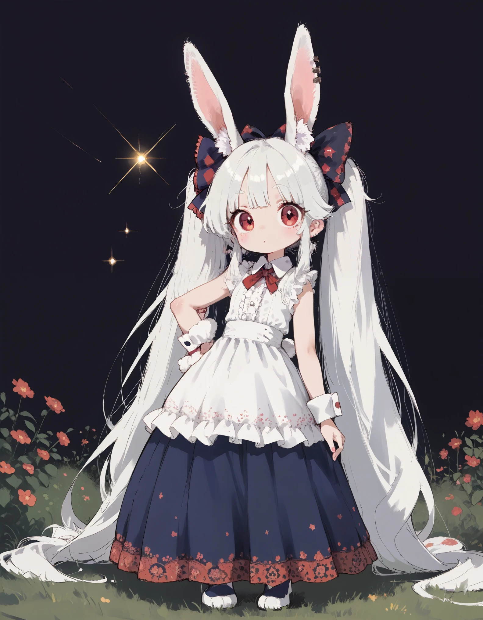 solo,1girl\(human,cute,kawaii,,age of 10air:1.7),(very long hair:1.7),bangs,(ear\(fluffy white bunny-ear\):1.4),(red eye),big eye,beautiful shiny eye,skin color white,big hairbow,(white frilled dress:1.3),breast,white rabbit tail at hip\), BREAK ,at plaza,at night,many beautiful twinkle stars,colorful nebulas,shooting star,from below, BREAK ,quality\(8k,wallpaper of extremely detailed CG unit, ​masterpiece,hight resolution,top-quality,top-quality real texture skin,hyper realisitic,increase the resolution,RAW photos,best qualtiy,highly detailed,the wallpaper,cinematic lighting,ray trace,golden ratio,\),d4rkpurp