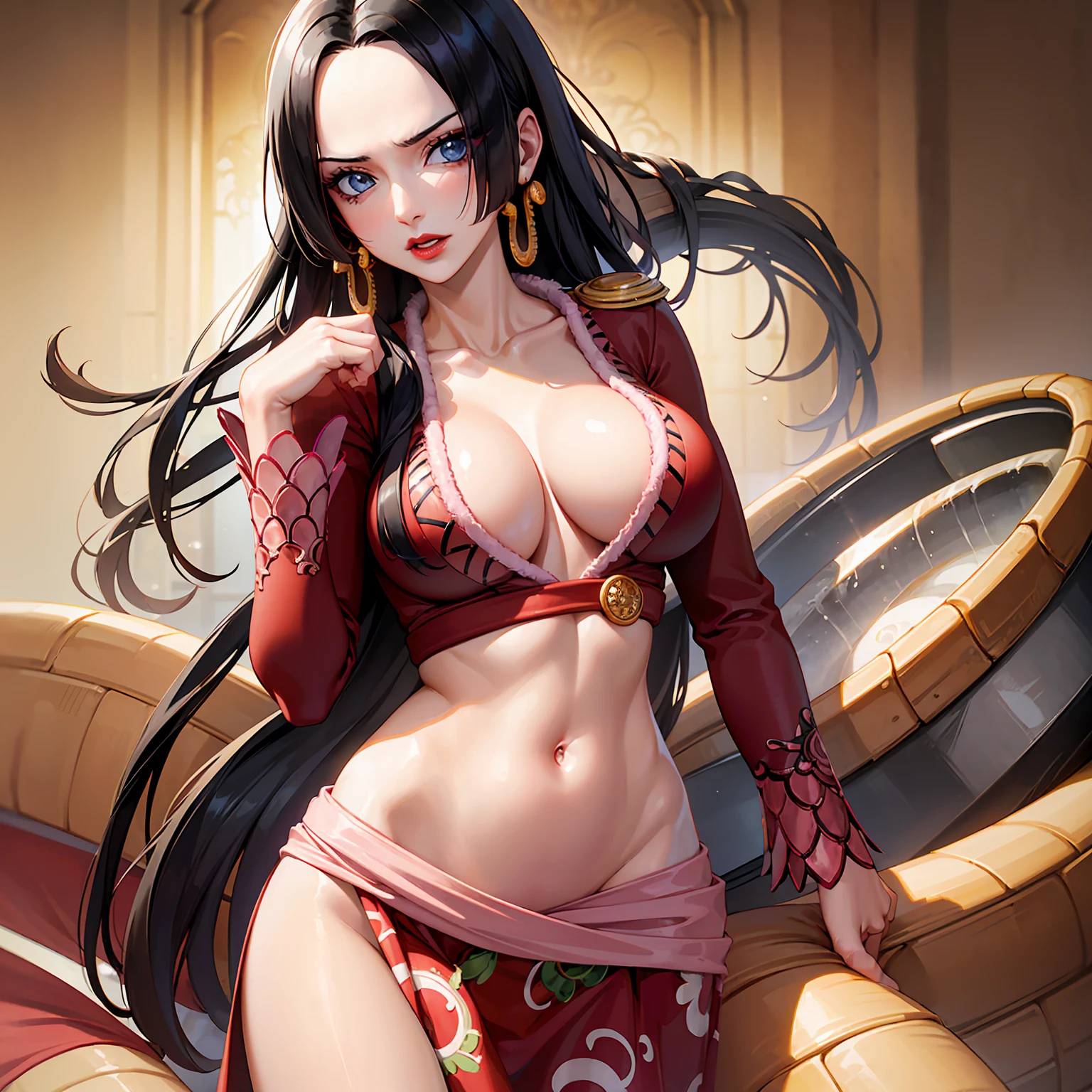 (masterpiece、top-quality:1.2), cowboy shot, 独奏, 1girl in, Boa Hancock, A smile, looking at the viewers, Hands on the hips, Cape, epaulette, cleavage of the breast, jewely, 耳Nipple Ring, Midriff、Pirate ship in the background