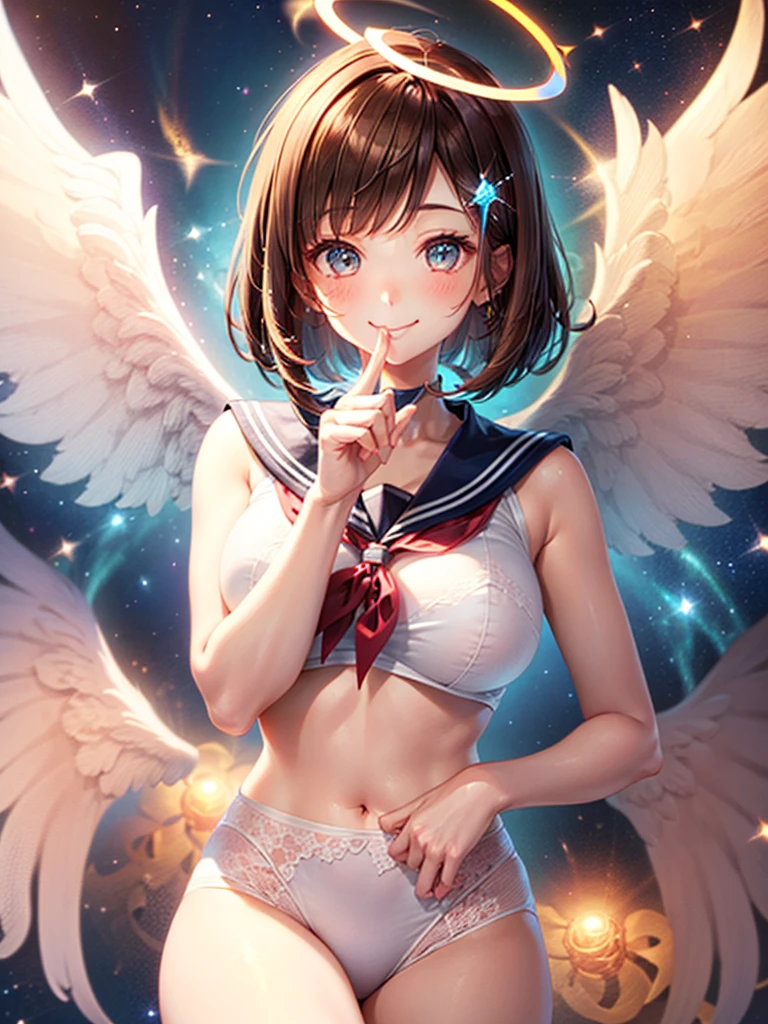 A beautiful smiling girl in a sailor suit,Halation,Cat ear,Brown hair short bob,front,Very beautiful eyes,universe,Milky Way,(((Put your finger over your mouth))),White angel wings on your back,Big Breasts,(((Halo))),