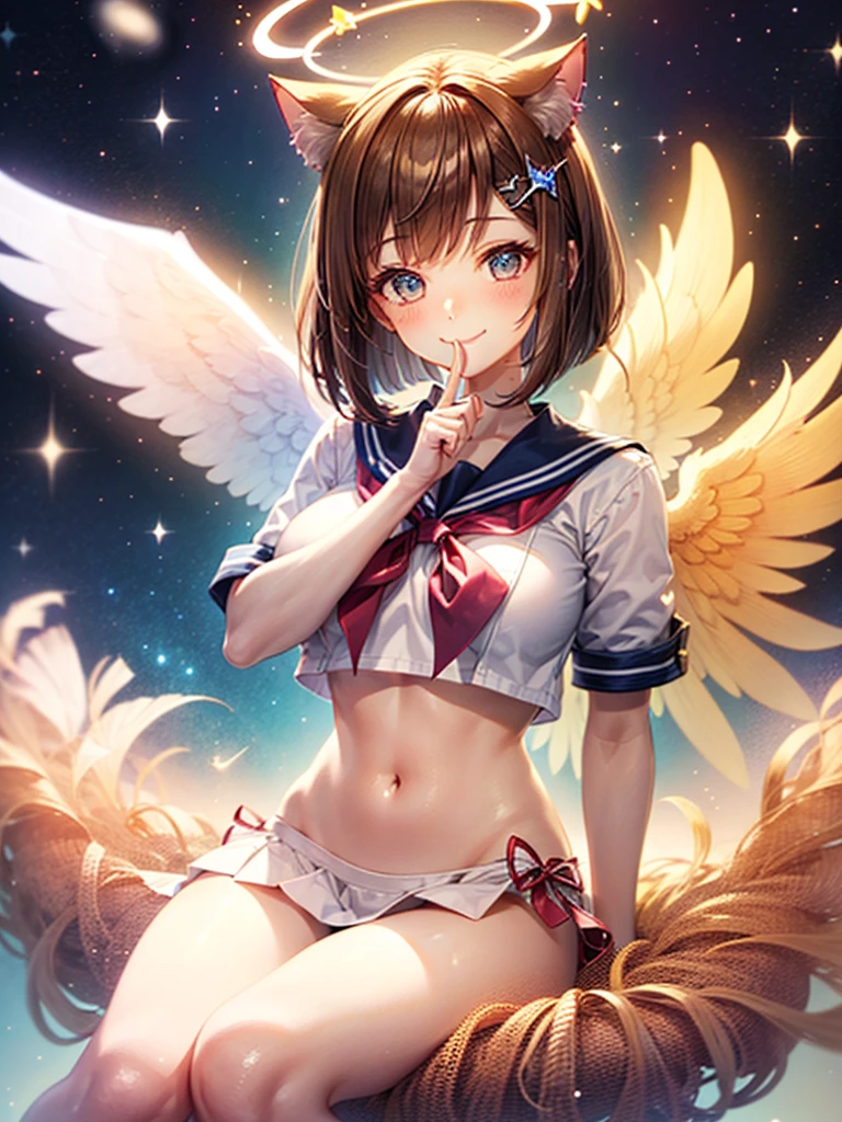 A beautiful smiling girl in a sailor suit,Halation,Cat ear,Brown hair short bob,front,Very beautiful eyes,universe,Milky Way,(((Put your finger over your mouth))),White angel wings on your back,Big Breasts,(((Halo))),