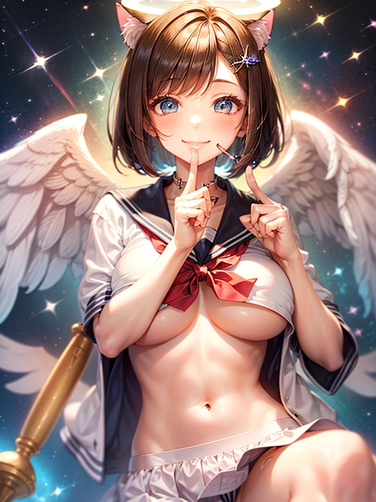 A beautiful smiling girl in a sailor suit,Halation,Cat ear,Brown hair short bob,front,Very beautiful eyes,universe,Milky Way,(((Put your finger over your mouth))),White angel wings on your back,Big Breasts,(((Halo))),