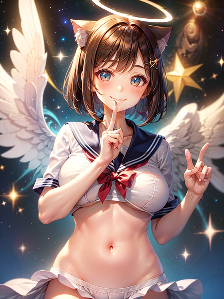 A beautiful smiling girl in a sailor suit,Halation,Cat ear,Brown hair short bob,front,Very beautiful eyes,universe,Milky Way,(((Put your finger over your mouth))),White angel wings on your back,Big Breasts,(((Halo))),