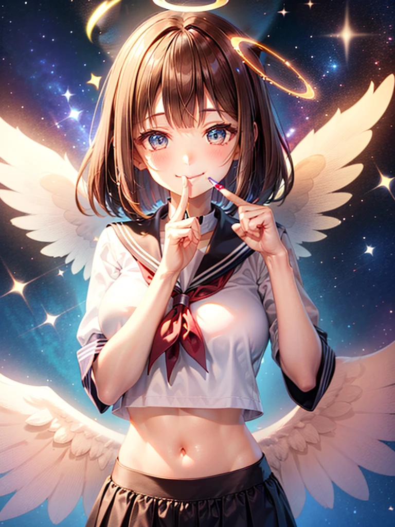 A beautiful smiling girl in a sailor suit,Halation,Cat ear,Brown hair short bob,front,Very beautiful eyes,universe,Milky Way,(((Put your finger over your mouth))),White angel wings on your back,Big Breasts,(((Halo))),