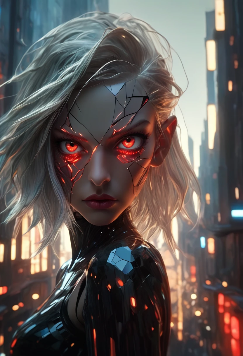 Cyborg woman with yellow eyes and gray hair 