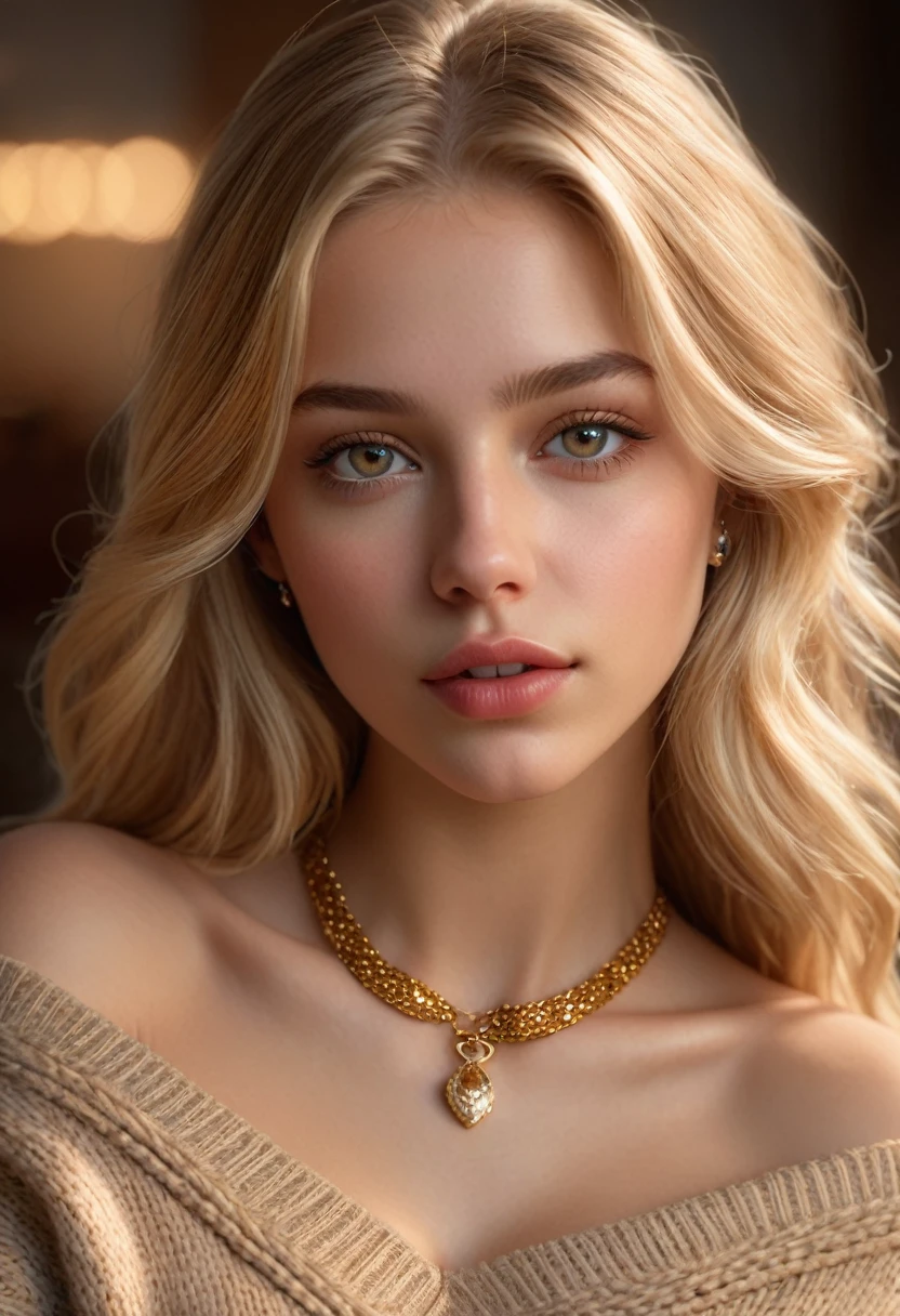 1 girl, realist, high quality, 8k, photorealist, cinematic lighting, detailed face, beautiful detailed eyes, beautiful detailed lips, extremely detailed face and eyes, long blonde hair, Brown eyes, bare shoulders, off the shoulders, sweater, jewelry, collar, Whole body, looking at the viewer, colossal in scale