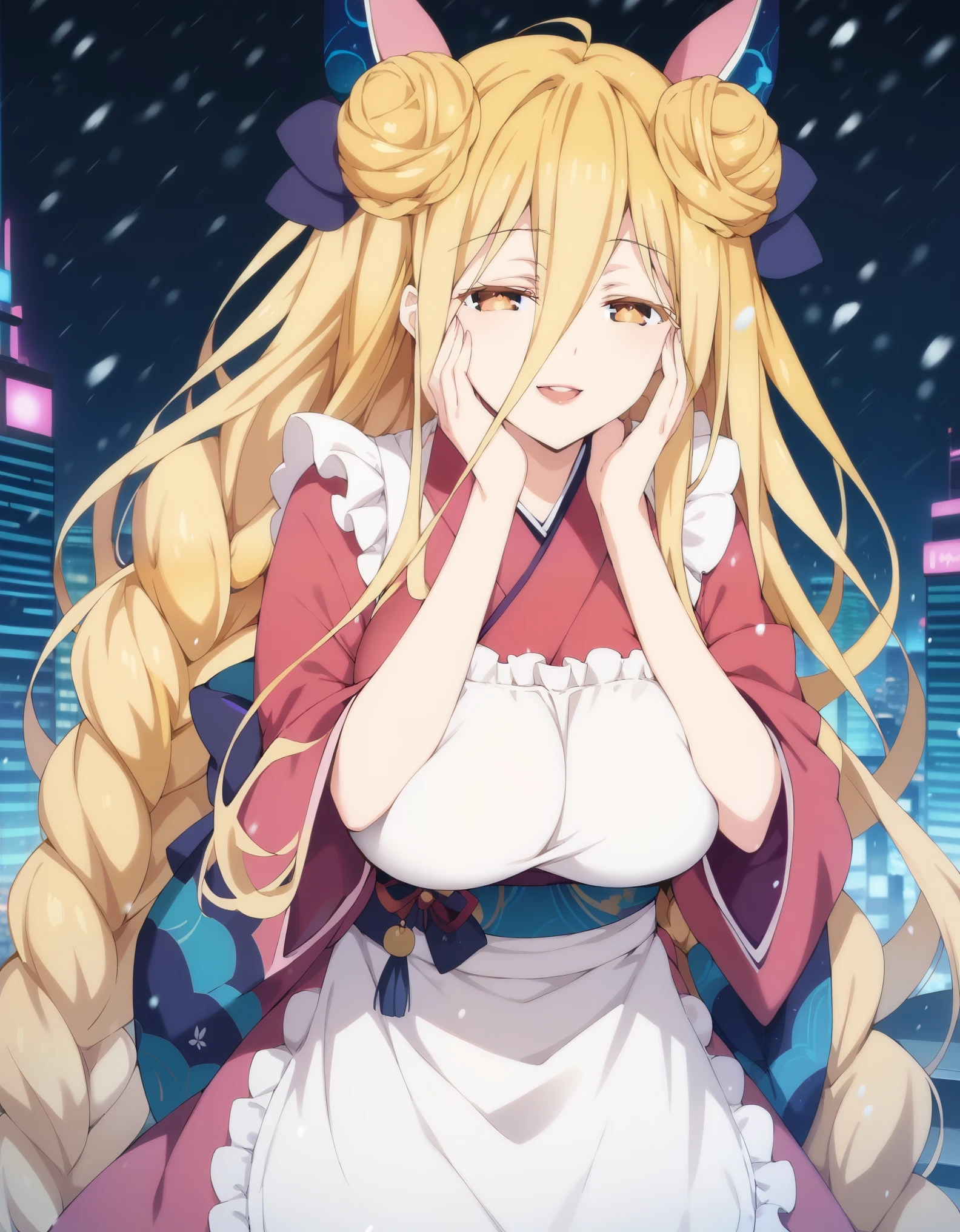 score_9, score_8_up, score_7_up, source_anime, masterpiece, best quality, extremely detailed, 1girl, milf, solo, mukuro hoshimiya, (huge breasts), ((((blonde hair), very long hair, bangs, hair between eyes, hair bun, double bun, braid, yellow eyes, half-closed eyes))), red lips, (((kimono, white apron, frilled apron))), ((light smile), open mouth), ((motherly, hands on own face, futuristic cityscape, winter, snowing))