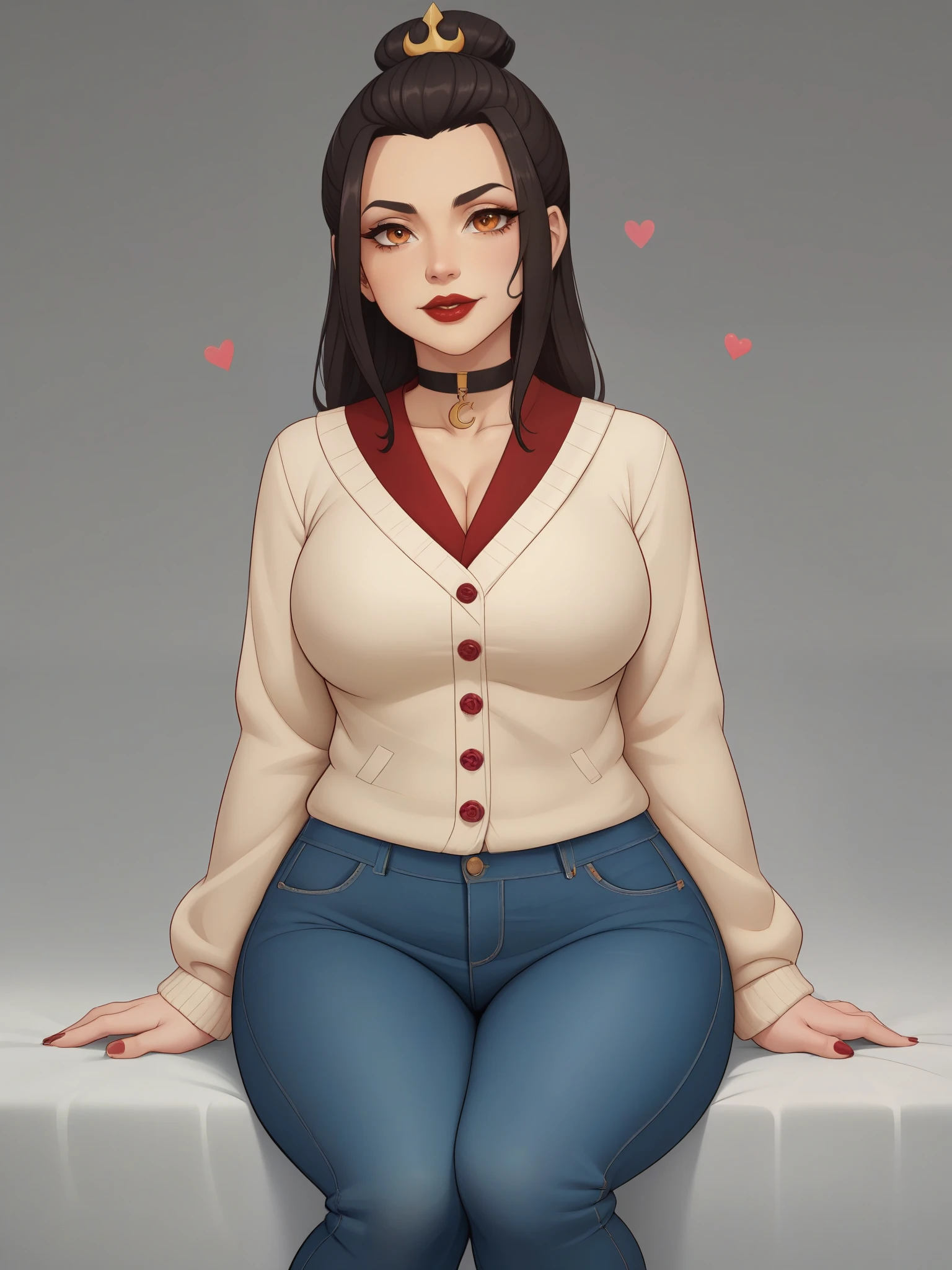 Azula. (a beautiful, young, fair-skinned, amber-eyed and slender girl of medium height. Azula's makeup consists of mascara and red lipstick. Azula also has wavy dark brown hair down to the middle of her back with two additional strands above her shoulders. choker. school uniform. jeans. cardigan. bbw. heart. sitting. school