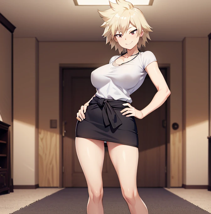 1 girl,standing alone,Mitsuki Bakugou,(High definition)), ((best qualityer)), standing, hall,House,living hall, mature woman,sexyposture,corpo sexy, Eyes red, dull blonde hair, shorth hair,, (white top), tight top ,neckleace,( black mini skirt) tight mini skirt ((living hall)), ((seducing smile)), looking ahead at viewer,looking back,from behind, focus on the ass,ass pov(from low),((silly smile)),(neckleace),((breasts big)),(mid waist),(Broad Hips),(medium thighs),(Round ass),( (carpeted floor)),1 girl,standing alone, LED TV, shelf, tabletop, cadeiras, (standing woman), ((hands on hips)), (bare feet),Perfect Anatomia,perfect hands,