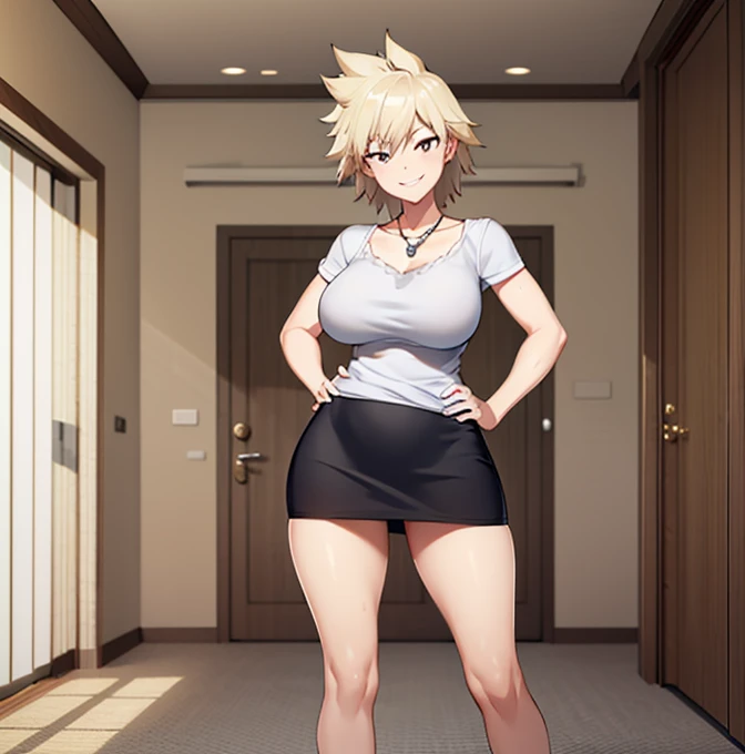 1 girl,standing alone,Mitsuki Bakugou,(High definition)), ((best qualityer)), standing, hall,House,living hall, mature woman,sexyposture,corpo sexy, Eyes red, dull blonde hair, shorth hair,, (white top), tight top ,neckleace,( black mini skirt) tight mini skirt ((living hall)), ((seducing smile)), looking ahead at viewer,looking back,from behind, focus on the ass,ass pov(from low),((silly smile)),(neckleace),((breasts big)),(mid waist),(Broad Hips),(medium thighs),(Round ass),( (carpeted floor)),1 girl,standing alone, LED TV, shelf, tabletop, cadeiras, (standing woman), ((hands on hips)), (bare feet),Perfect Anatomia,perfect hands,