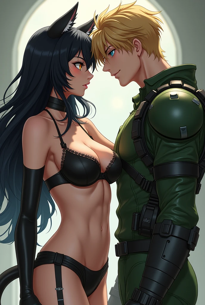 Superhero, black man, tall, big muscular body, strong, glow green eyes, Africa superhero costume. Voluptuous Android 18 fall in love and kisses with black man in romantic way.