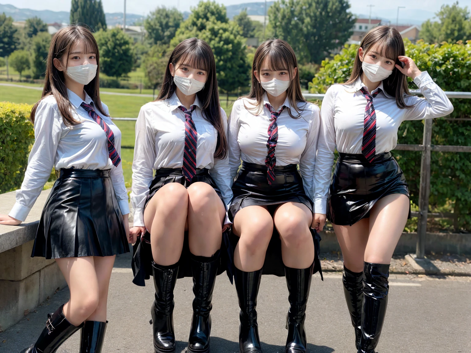 Japanese elementary school students,Wearing a black mini skirt,Squat with your legs wide apart,Small breasts,Facing forward,Black Pantyhose,
