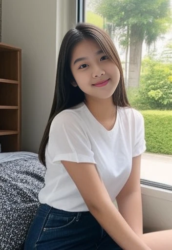 beautiful cute young attractive Asian teenage girl, village girl, 18 years old, cute, Instagram model, long hair, colorful hair, warm, dacing, in home sit at sofa,