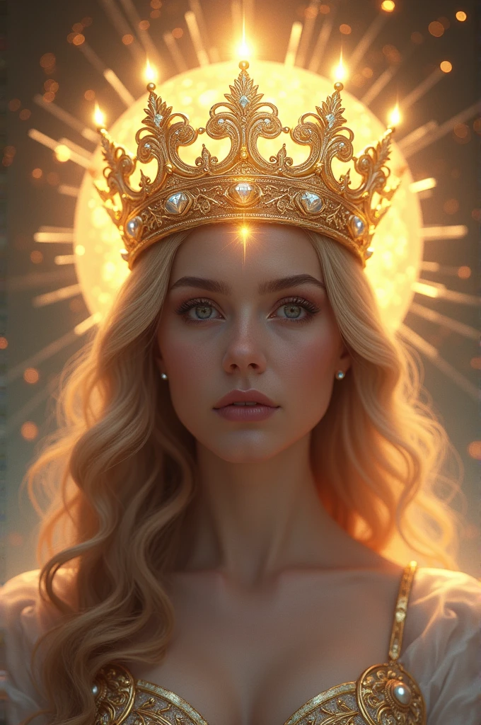 cinematic image, realisitic, high resolution of a dark blonde haired woman, with a queen's crown, queen dress without volume, hugging a large wooden cross, with a saint's halo, expression of mercy