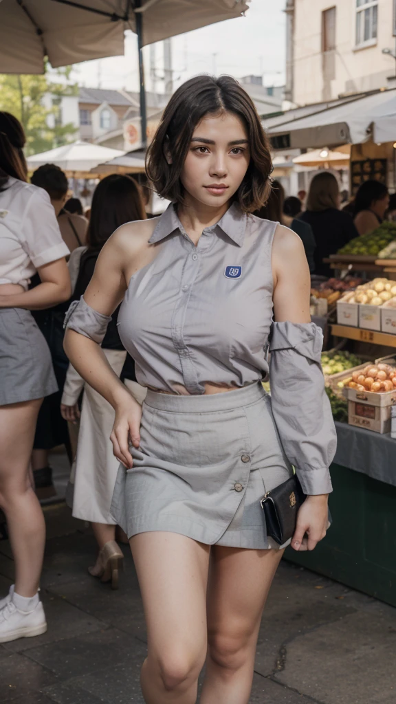 Full body photo of a beautiful woman wearing a white collared uniform, short gray cloth skirt, short shoulder-length hair. background of a traditional market, natural big breast,very detailed.