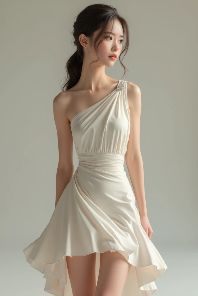 The girl in the ao dai is made of thin silk and cotton fabric., In a long, form-fitting white style、Very fine, シャツの前面の孔雀の模様はVery fineです, The girl is standing in a wonderful space with great attention to detail