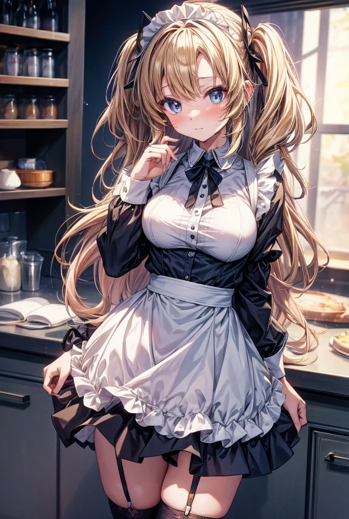 anime, woman, maid, standing, making a heart with fingers, bashful, looking at viewer, semi long, low twintails, shiny hair, blonde, blue eyes, with sparkling eyes, shiny skin, slender, maid, hairband, thighhighs, adult, in the kitchen, at dusk, cowboy shot, front view, ground-level shot, cowboy shot, golden hour