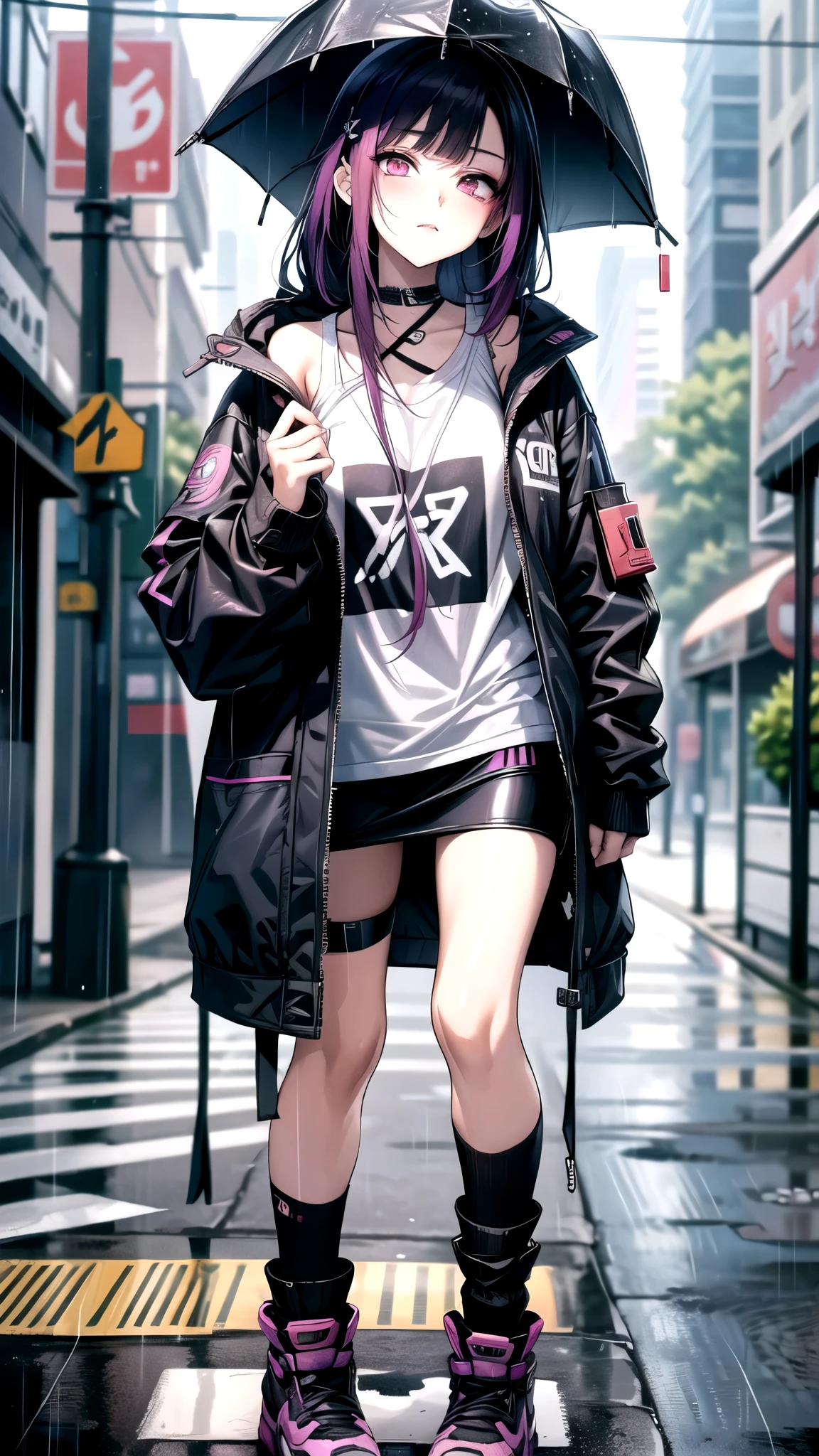 Esbian all over、One Girl、Empty、Cute eyes、Well-proportioned facial features、Kamimei、Red face、Black Mask+Black mask with veloout、(Highest quality、8K resolution、masterpiece:1.3)、Focus Section: 1.2、Delicate and beautiful body 1.4、is 1.2、golden short hair 1.2、Chest 1.2、Wet clothes 1.1、rain、Street 1.3、Bando Dress 1.1、Highly detailed skin texture、I narrowed my eyes.、double eyelid、Whitening skin、Shutdown 1.3、black open finger gloves、Black leather jacket and black leather shorts、Knee-high boots、White loose socks、Digital cyber punkアート、cyber punk、Wearing a hoodie、cyber punkアート、Clear bright blue eyes、Cleans the whites of the eyes。