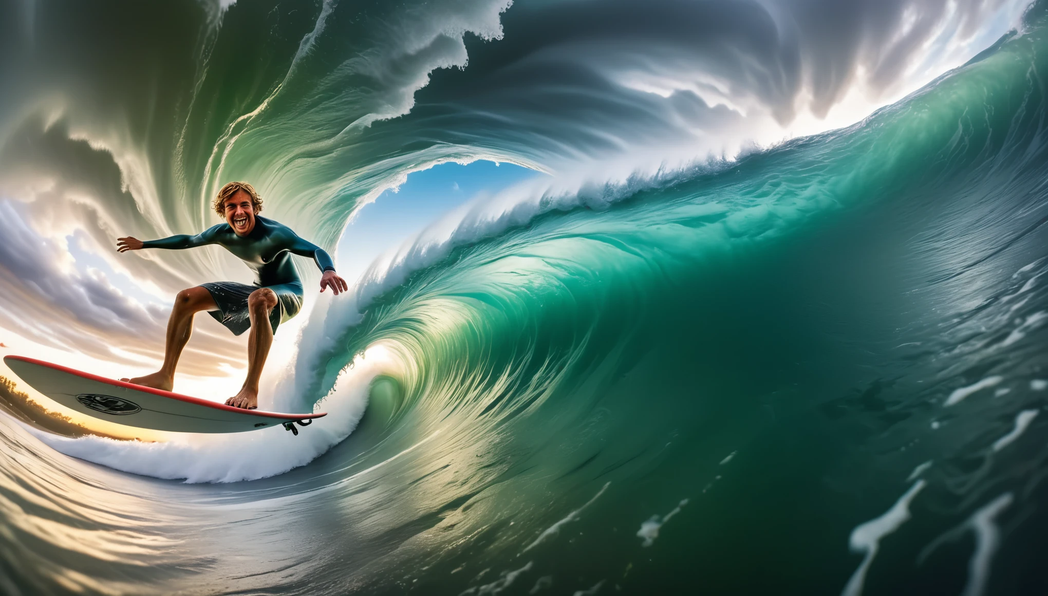  A vibrant and cinematic image capturing a surfer in a unique "tiny planet" perspective. The surfer rides the massive waves with a grin on his face, looking up at the camera as he catches the perfect wave. The ground beneath him curves into a small, spherical world, showcasing a lush green landscape and a stormy sky. The overall atmosphere is whimsical, immersive, and full of energy, as the surfer explores this dynamic environment., vibrant, cinematic, photo