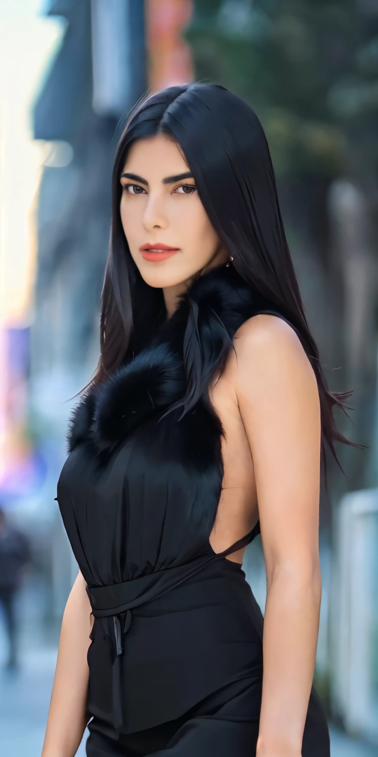 aridugarte wearing a black dress, standing, full body shot shot, looking ahead at viewer, on a street, high and intricate details, (Vibrant, photo realisitic, realisitic, sharp focus) ((film grain, fur details, high detailed skin texture, 8k hdr, dslr)), 8k hd 