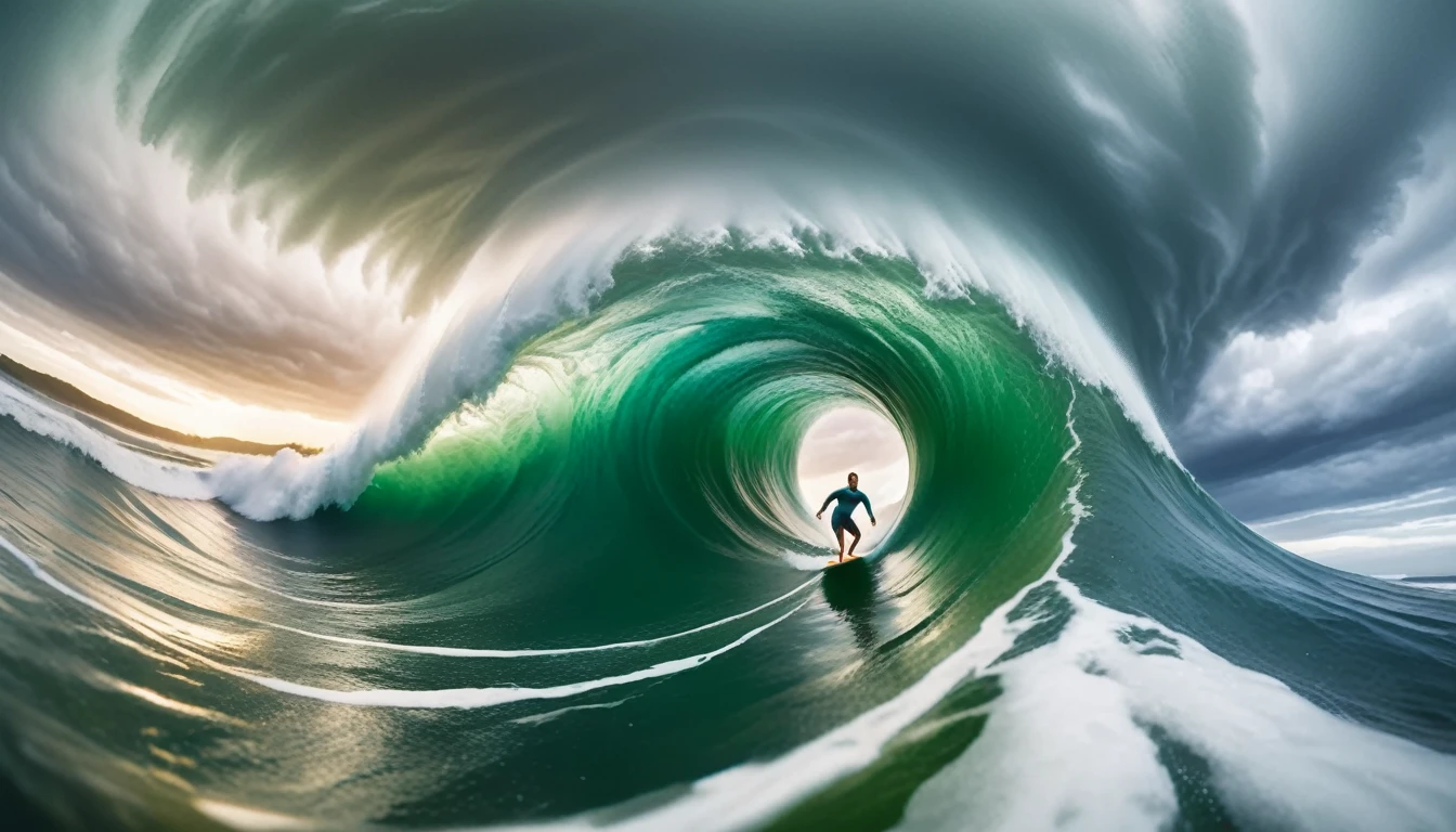  A vibrant and cinematic image capturing a surfer in a unique "tiny planet" perspective. The surfer rides the massive waves with a grin on his face, looking up at the camera as he catches the perfect wave. The ground beneath him curves into a small, spherical world, showcasing a lush green landscape and a stormy sky. The overall atmosphere is whimsical, immersive, and full of energy, as the surfer explores this dynamic environment., vibrant, cinematic, photo