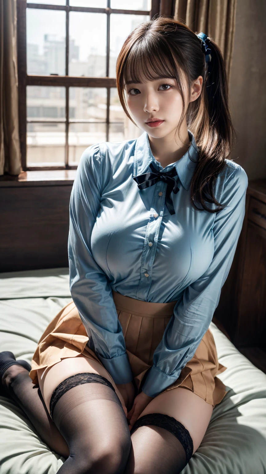 (41k4:1), (aika-sawaguchi:0.65), masterpiece, Best Quality, 8K, Raw photo, (wearing a white unbuttoned collared shirt:1.7), top-notch quality, masterpiece, (wearing white lace panties:1.6), (BDSM:1.5), (rope bondage:1.5), (tied up with rope:1.2), (arms behind back:1.3), (wearing white thigh high socks:1.4), solo, (1 pretty Japanese girl), exceptionally detailed RAW color photo, professional-grade photograph, (Realistic, Photorealistic:1.37), (highly detailed skin:1.2), Ultra-high resolution, (lens 50mm), (masterpiece, top-quality:1.3), (hyper realistic:1.35), (Photorealistic:1.45), (Realistic:1.4), (looking at viewer:1.4), (facing viewer:1.4), 1 beautiful girl, 18 years old, Japanese idol, supermodel, pale skin, (slim:1.3), (slim body:1.25), (slender body:1.25), (narrow waist:1.25), pretty face, (large breasts:1.15), (deep cleavage), gravure idol