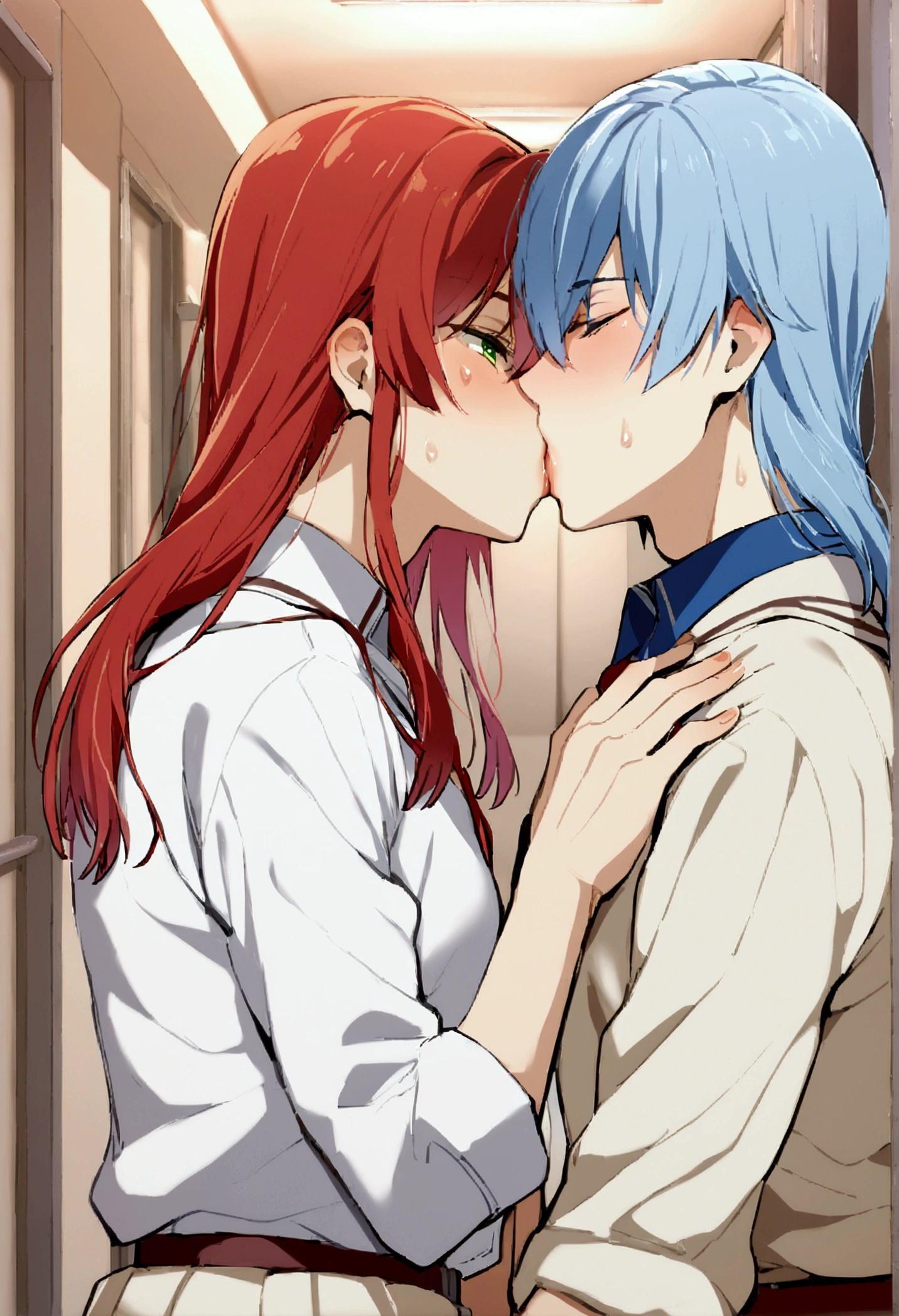 1girl,1boy ,serafuku ,hair ornament, pov, detailed, Clothed, small , sexy , cute, blushing, messy hair, l small penis, cum, hearts, pov, small , long hair, red hair , side ponytail, pov, blue eyes, oppaizuri, oppaizuri under clothes, fellatio, forced deepthroat