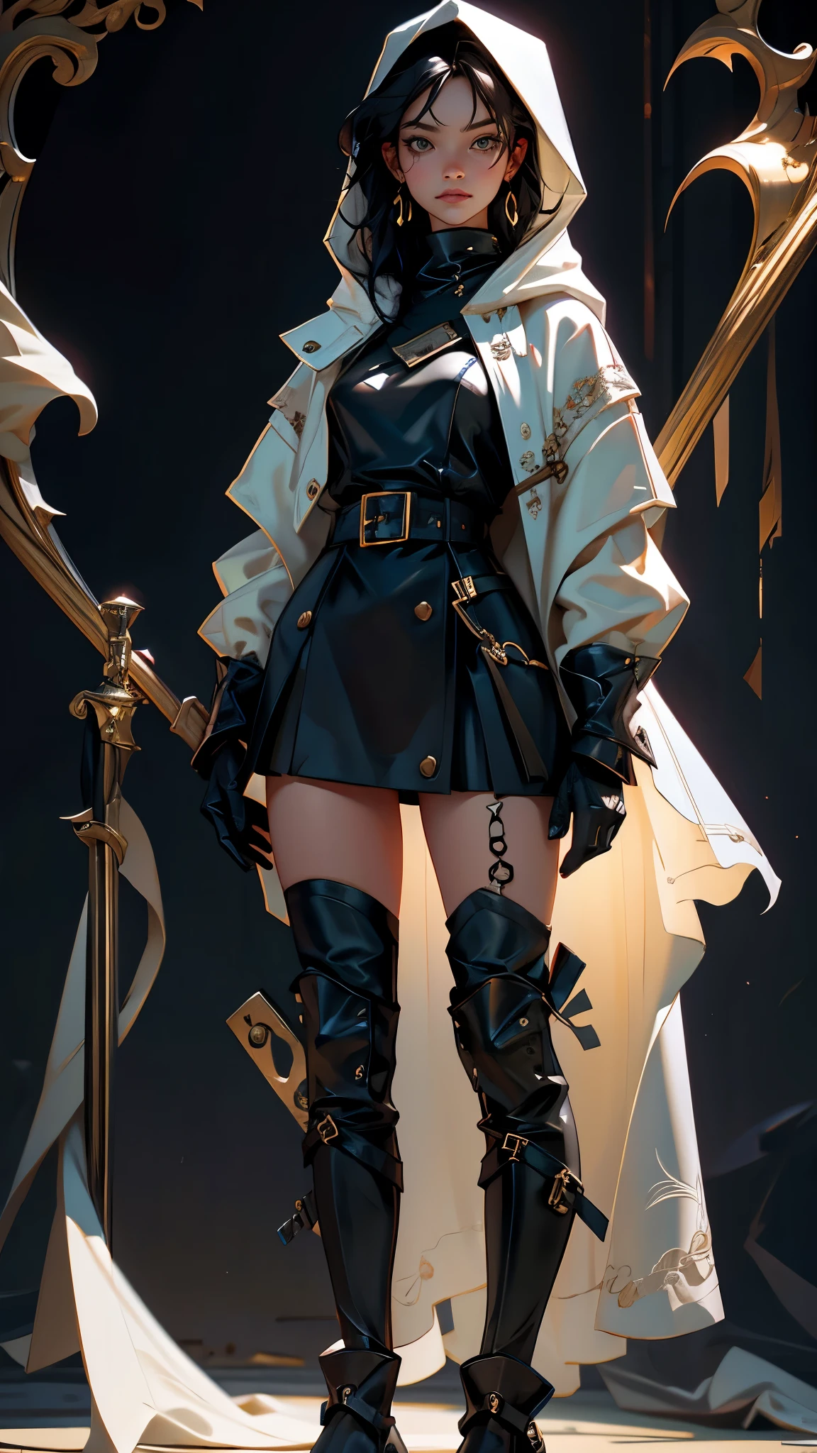 envision a 8k, highres, cinematic, beautiful full body Pinup of a japanese woman with a skinny muscular body, small breasts, ((strong face)), strong jaw, skinny face, strong mature older face, (((long thin straight black hair))), side locks, long bangs, black eyes, Melina, robes, hooded cape, shade over face, boots, skirt, dress, robes, cape, armor, ((((1girl)))), in dark lighting, against a dark gray background
