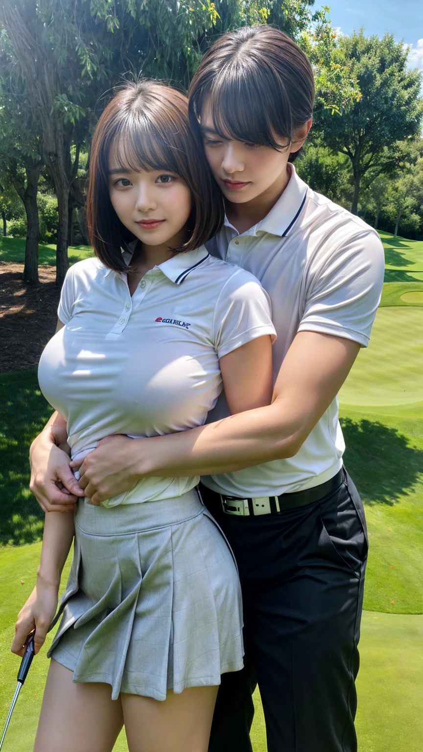1 young office lady being hugged from back by 1 man:1.2,close to each other:1.1), (man's hand touching her breast:1.1),very cute face,bob cut,white skin-tight golf uniform,embarrassed,golf course,perfect anatomy, masterpiece, best quality,8k,perfect face,from front,upper body