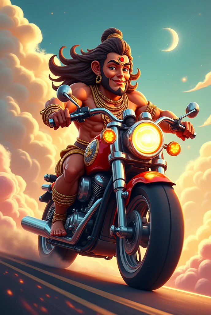 Lord shiva with sunglasses sitting on royal Enfield with muscular body with a destructive background nandi behind cartoonistic