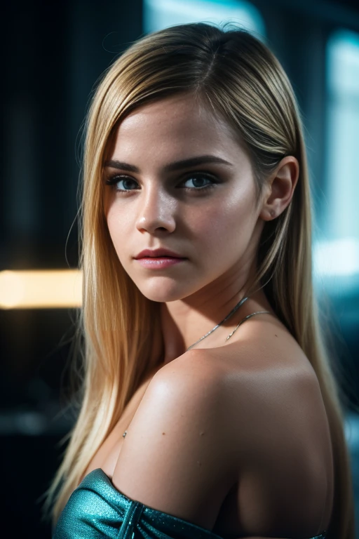 Gorgeous european woman with very long hair, long ponytail with fringe, wet hair, hair slicked back, combed straight back, slick hair, streaked blonde hair, seductive pose, Emma Watson in a revealing, cleavage, solid dark grey background