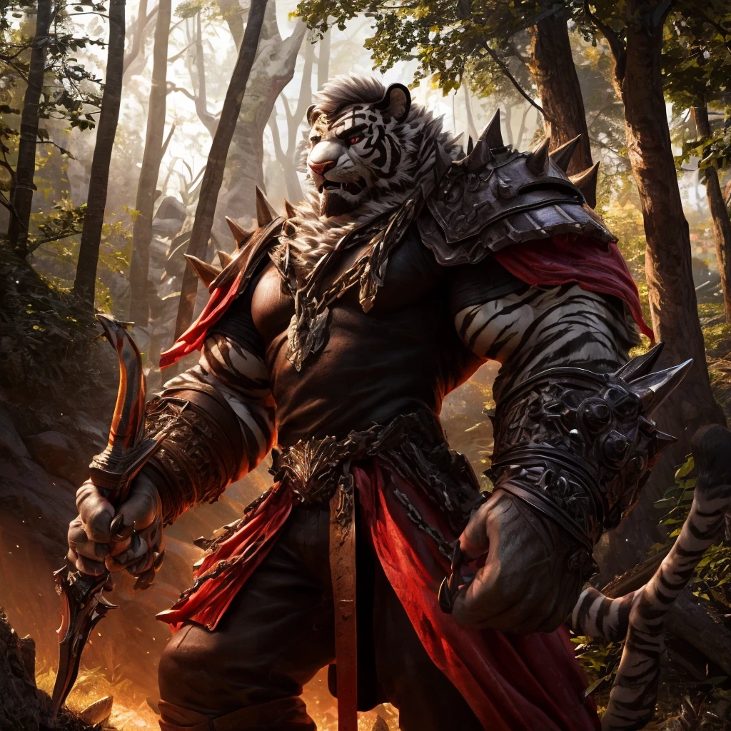 a muscular white tiger with large fangs and claws, standing in a dense, lush forest, holding a large sword, dramatic lighting, hyper-realistic, cinematic, award-winning digital art, intricate details, 8K, HDR, photorealistic, masterpiece, highly detailed, sharp focus, studio lighting, physically-based rendering, vivid colors, intense shadows and highlights