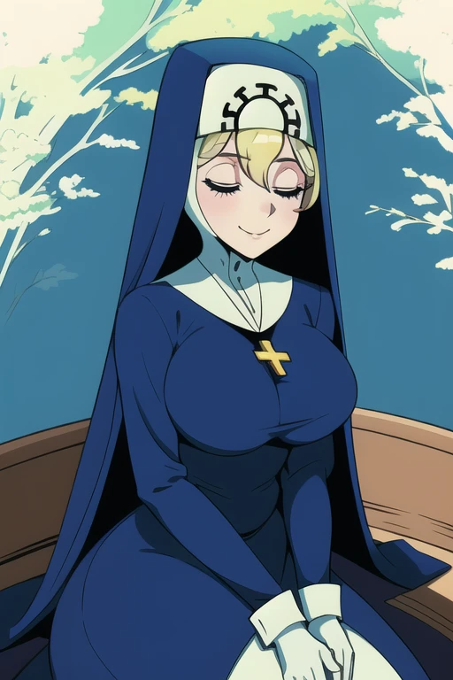 Double, short blonde hair, nun uniform, medium breasts, solo, 1girl, smiling, cowboy shot, closed eyes, 
 blue habit, cross necklace ,white gloves, long sleeves, nun, long skirt, skirt touch the ground 
(insanely detailed, beautiful detailed face,beautiful detailed eyes, masterpiece, best quality), sitting, under tree