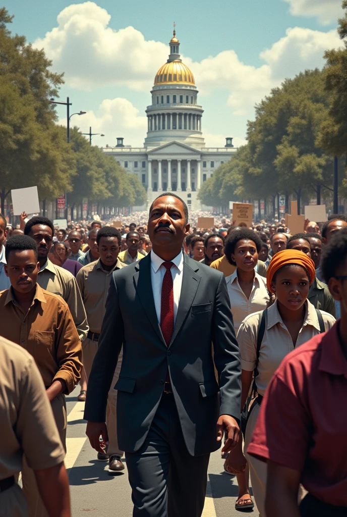 A realism landscaped 1024x 575 canvas styled painting of Fidel Castro with short hair amongst a crowd of African Americans giving a speech at the Million Man March at the Washington monument, include a 11 man Cuban military defense team behind him a long with American congressman & foreign dignitaries.