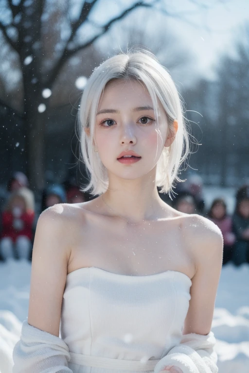 (realistic), (hyperrealism),best quality, masterpiece,ultra high res, (photorealistic:1.4),1girl,pale skin,skinny,(looking at viewer),bare shoulder, (white hair,) snowing outdoor, looking at viewer,
upper body, ((cleavage))