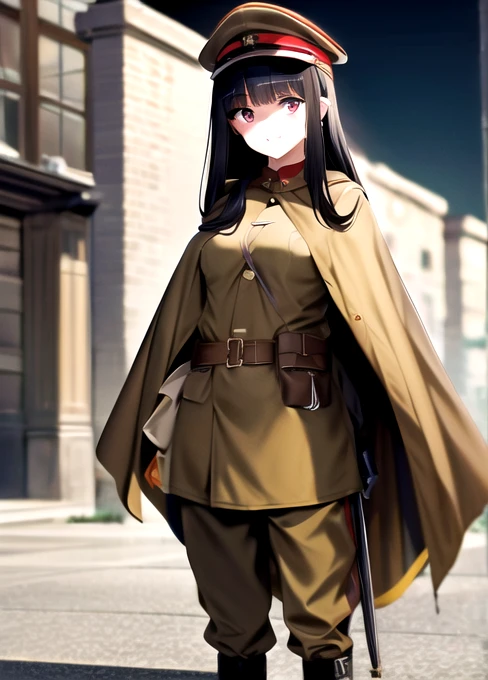 masterpiece, best quality, absurdres, high resolution, extremely detailed, 1girl, solo, ((IJA Taisho, khaki uniform, IJA officer,)), IJA peaked cap,cloak,black long boots, small breasts, cape narrow waist, black hair, long hair, hime cut, blunt bangs, red eyes, white gloves, holster, khaki pants, leather belt pouch, night sky,