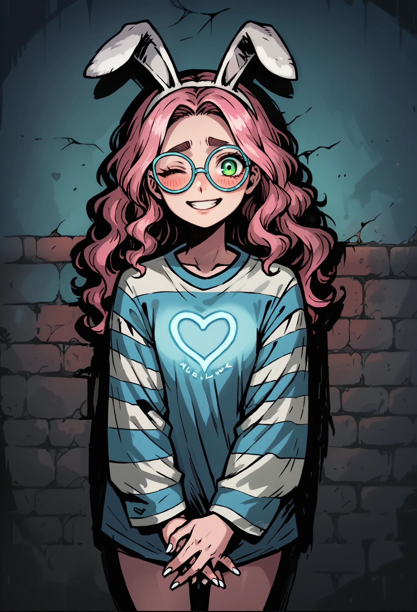 Medium close-up of a pale, slender girl, long wavy hair, korean pink hair, thick eyebrows and contrast green eyes. She is short and has a playful expression with one eye closed, a smile, blush, and big, oversized glasses. Her face is ultra-clear and finely detailed. She holds her hands together. She wears oversized long sleeve shirt, striped blue-white shirt with woolen heart logo. She has white nails and white woolen bunny ears. The design is highly detailed, with thick outlines and dramatic lighting, inspired by Chris Bourassa. Blue neon disk behind. The background features a weathered brick wall with azure neon light, creating dark, atmospheric scene. Highly detailed, inspired by Chris Bourassa's. Dramatic lightning,a azure neon lamp lights. Somber character design with thick outlines.
