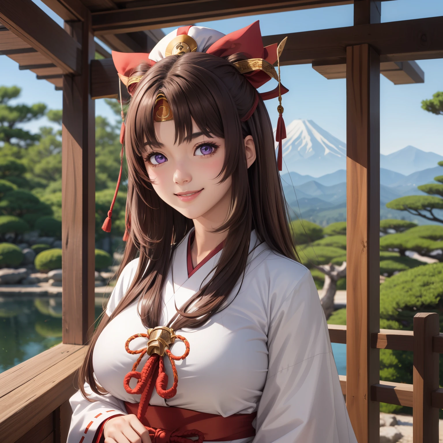 v1.0
Tomoe , brown hair. violet eyes, big breasts,  smile, pechos grandes, priestess costume, White and red, Japanese miko, ribbon on your head, background a Japanese garden.