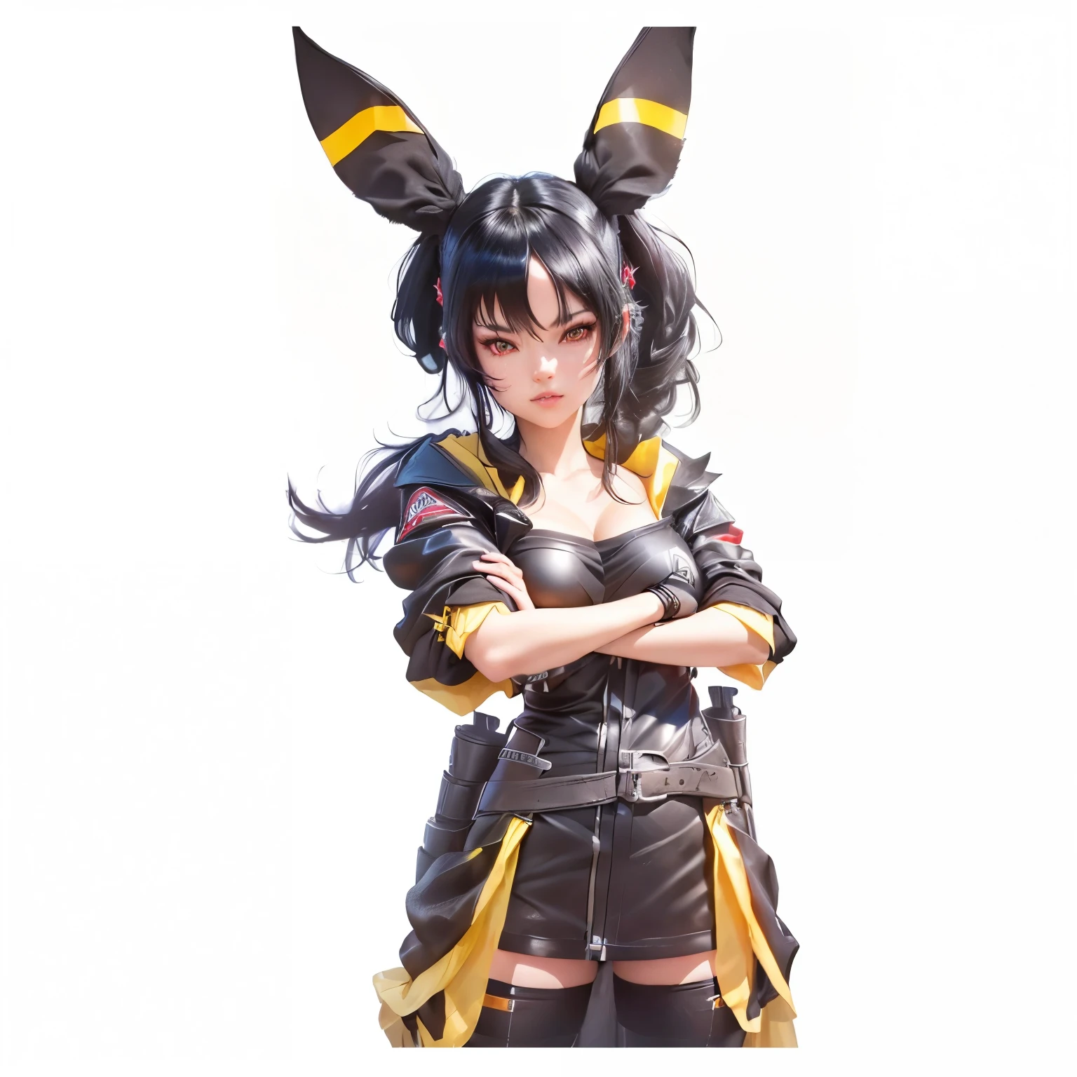 a tall mature amazonian black and yellow, wearing a leotard, black bunny ears, jacket, eyepatch short soft white hair, bob cut, one eye covered, black lipstick, and sneakers