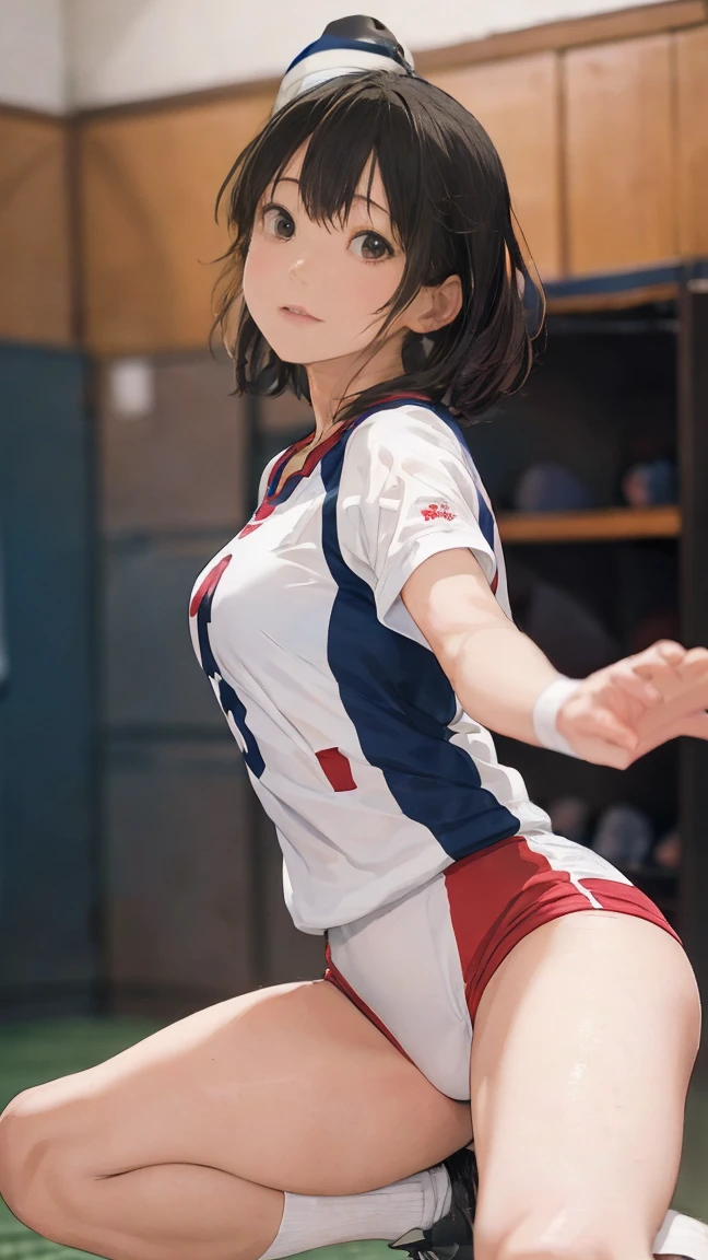 (masterpiece), (highest quality), (Very detailed), At the basketball venue, 1girl, blush, ((Tuck up your basketball uniform:1.6)), Happy, View here, Big Hair, Brown Hair, shy,((slender)) ,anxiety, blush, smile, the body is slim,(Shiny skin), from the front, From above,Long wet ears, ((topless:1.5)),(Sit with your legs apart)、(Raise your knees)、Bend your legs、Full body photo、(Focus on the groin)、Exposing thighs、Keep your buttocks on the floor、(white panties:1.2),