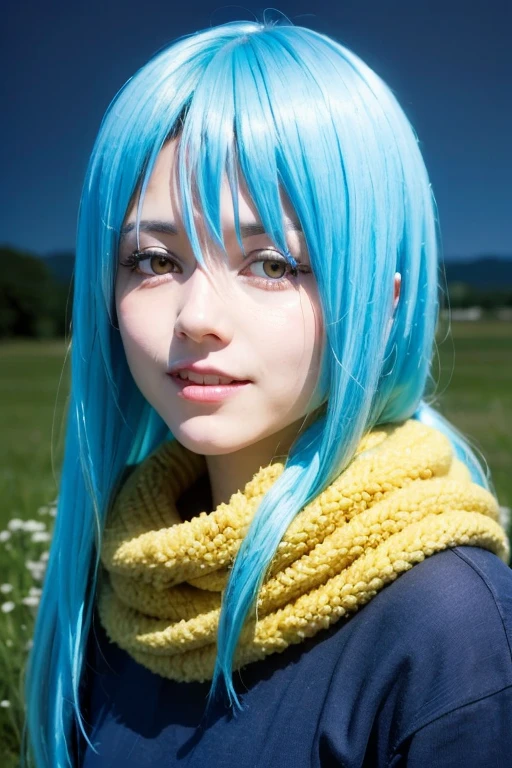 RAW Photos, (((A portrait of extreme beauty))), Tabletop, (Realistic:1.4), Highest quality, Beautiful lighting, Male portrait, RIMURU tempest, One person, Long Blue Hair, Fluffy scarf, Yellow Eyes, evening, , 8K Ultra HD, Film Grain、Laughter、Simple Background、grassland