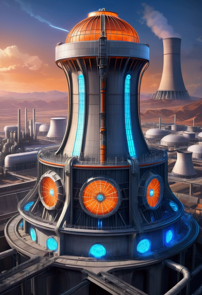 Pixar-style mechanical nuclear power plant, Cooling Tower, Special symbols，blue and orange， Neon lights标志, Neon lights, Aerial View ,Art Deco Design，streamline moderne，Futuristic architecture, Abstract，modern style， Futuristic decorative elements，Metal，Number Line，sci-fi lamp，Unreal Engine，Unreal Rendering,